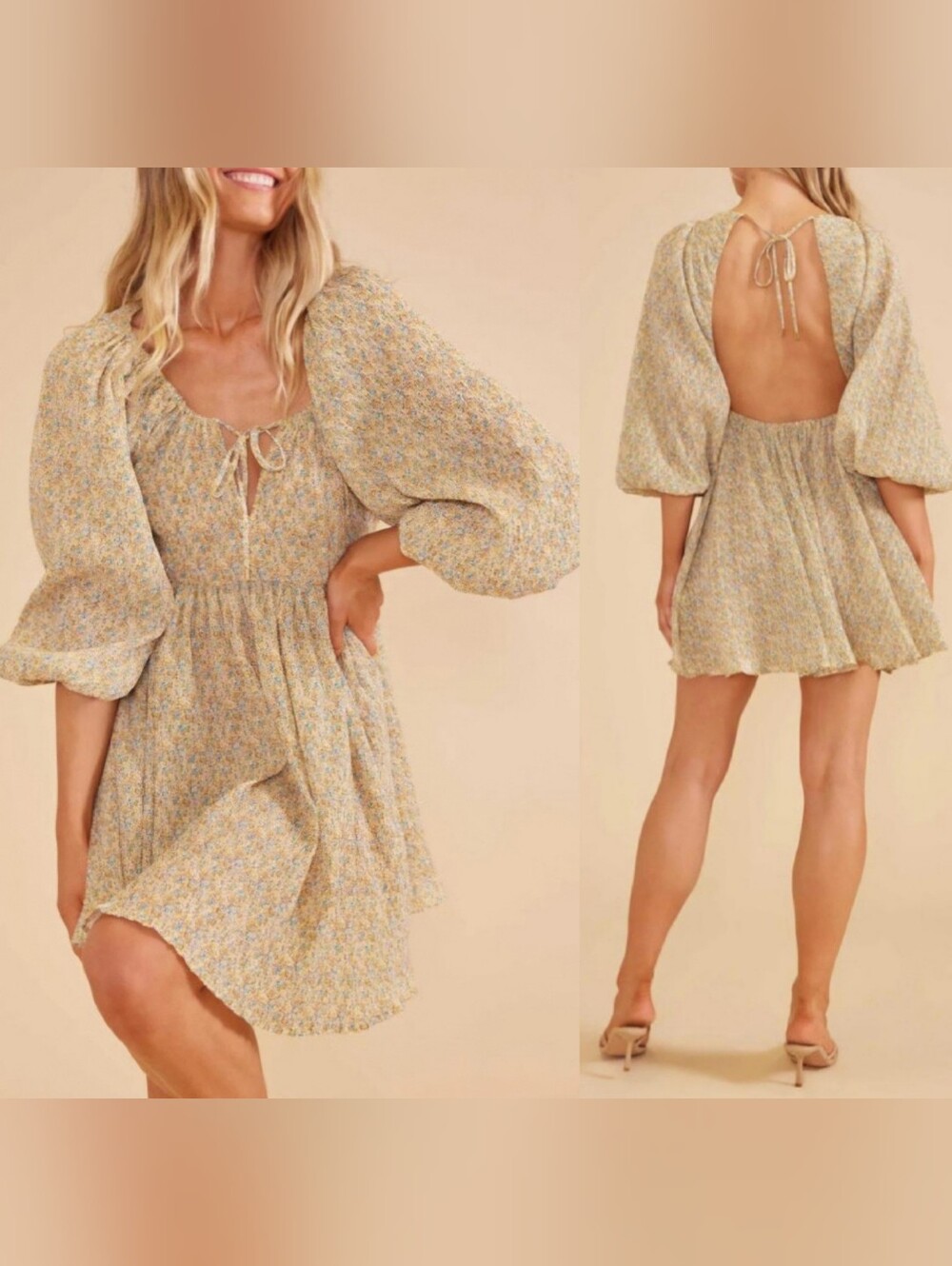 MINKPINK Floral Open Back Pleated Mini Dress XS Yellow Blue Tie Keyhole Boho